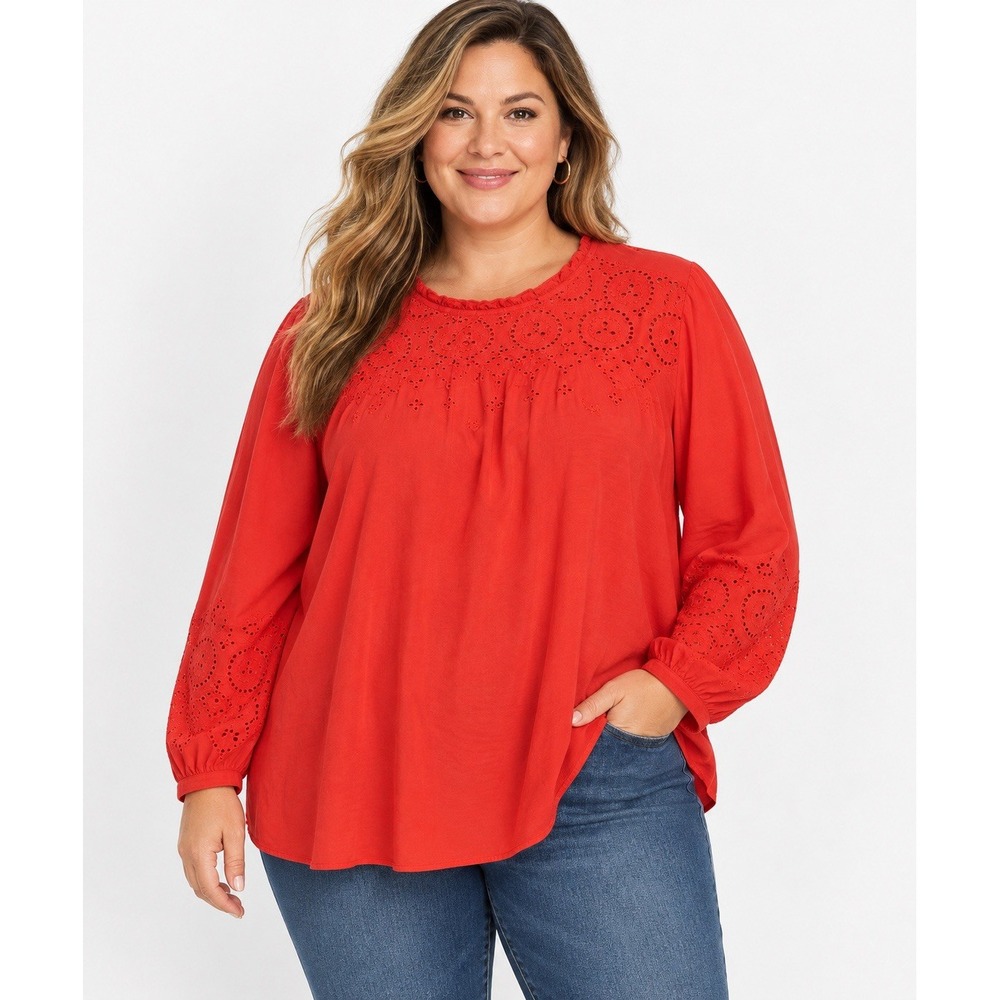 LOFT Plus Blouse 20 Red Orange Eyelet Embroidered Boho Eclectic Art-Inspired